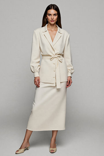 Ivory V Neck 2-Piece Sheath Midi Work Dress